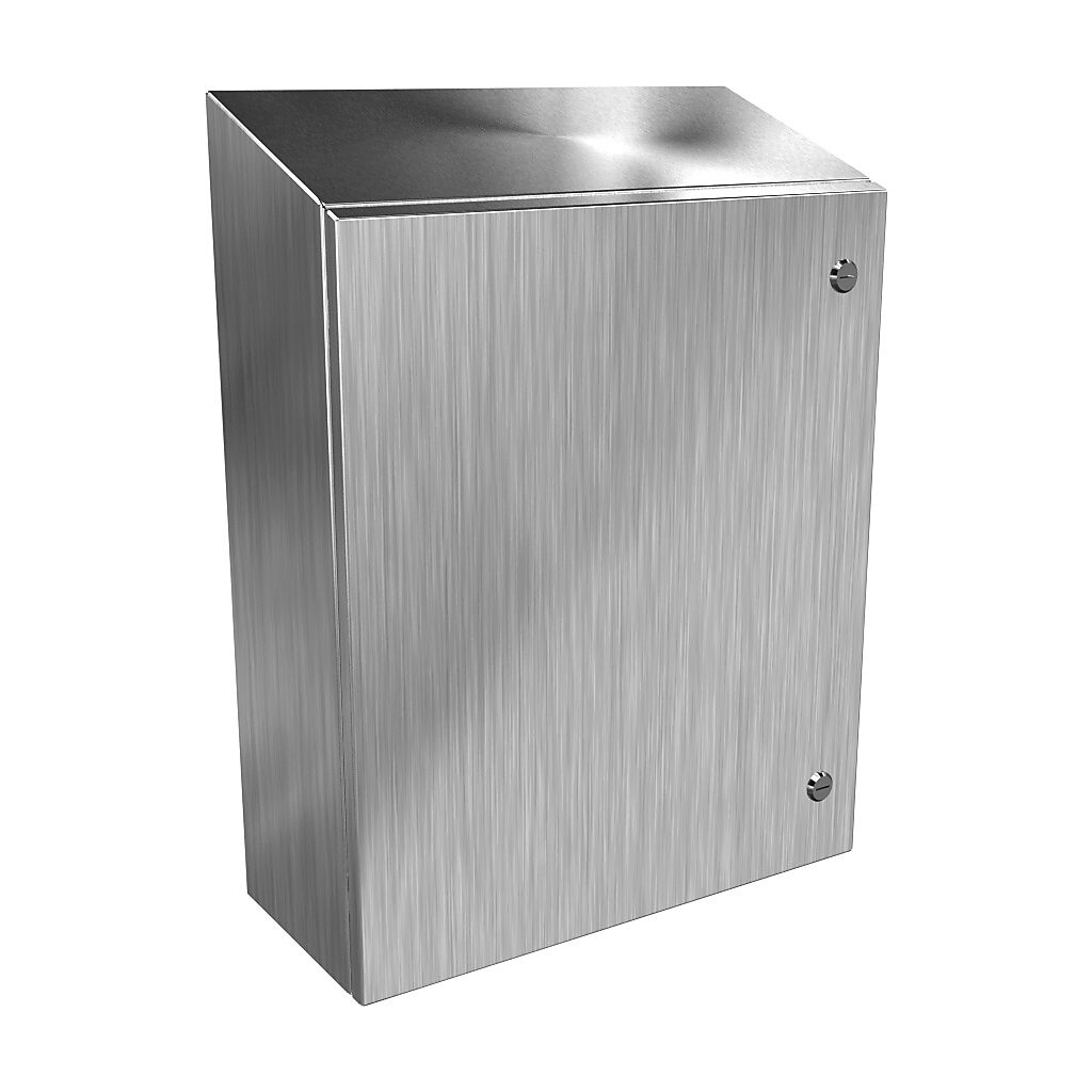 ST242008SS - Hammond Eclipse series enclosure, slope top, NEMA 3R/4/4X/12/13, 24 x 20 x 8in (HxWxD), wall mount, 304 stainless steel, #4 brush finish, single-door, 1/4-turn semi-flush 316 stainless steel latch.