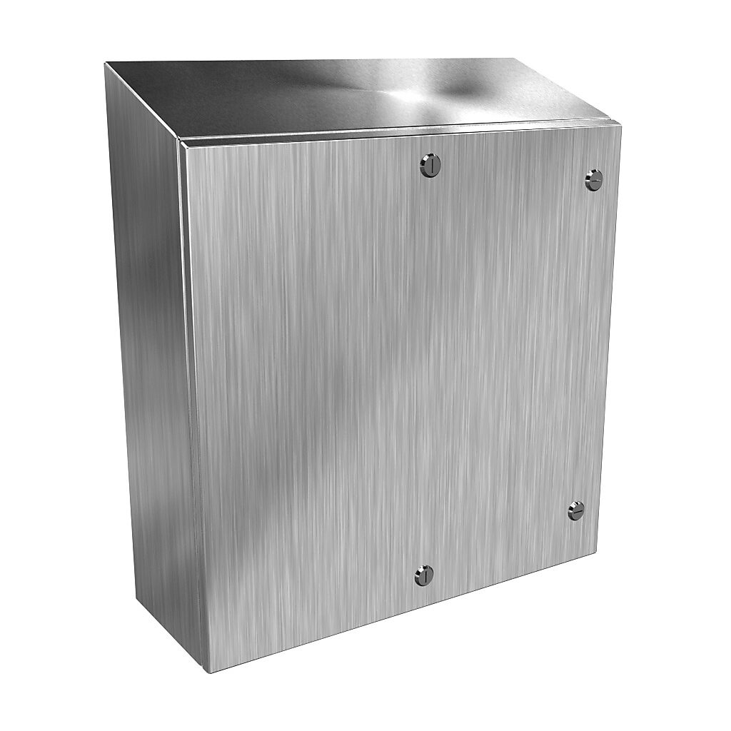 ST242408SS - Hammond Eclipse series enclosure, slope top, NEMA 3R/4/4X/12/13, 24 x 24 x 8in (HxWxD), wall mount, 304 stainless steel, #4 brush finish, single-door, 1/4-turn semi-flush 316 stainless steel latch.