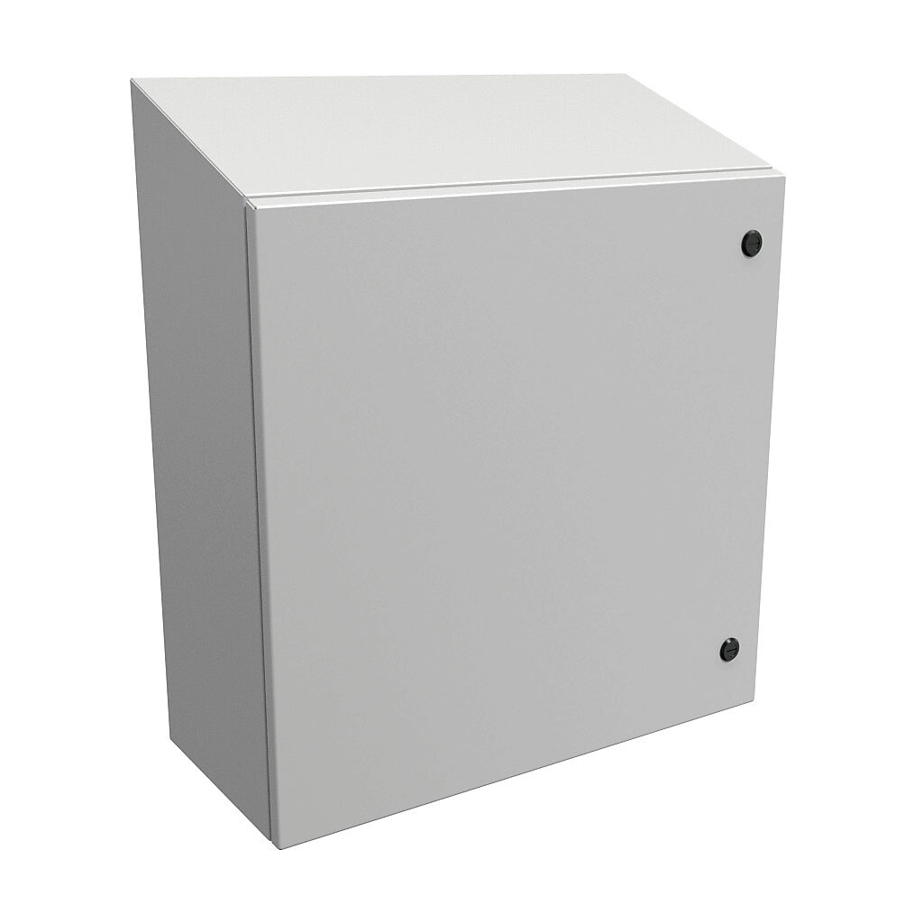 ST242410LG - Hammond Eclipse series enclosure, slope top, NEMA 3R/4/12, 24 x 24 x 10in (HxWxD), wall mount, carbon steel, RAL 7035 light gray, powder coat finish, single-door, 1/4-turn semi-flush latch.