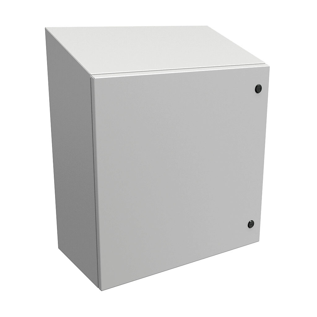 ST242412LG - Hammond Eclipse series enclosure, slope top, NEMA 3R/4/12, 24 x 24 x 12in (HxWxD), wall mount, carbon steel, RAL 7035 light gray, powder coat finish, single-door, 1/4-turn semi-flush latch.
