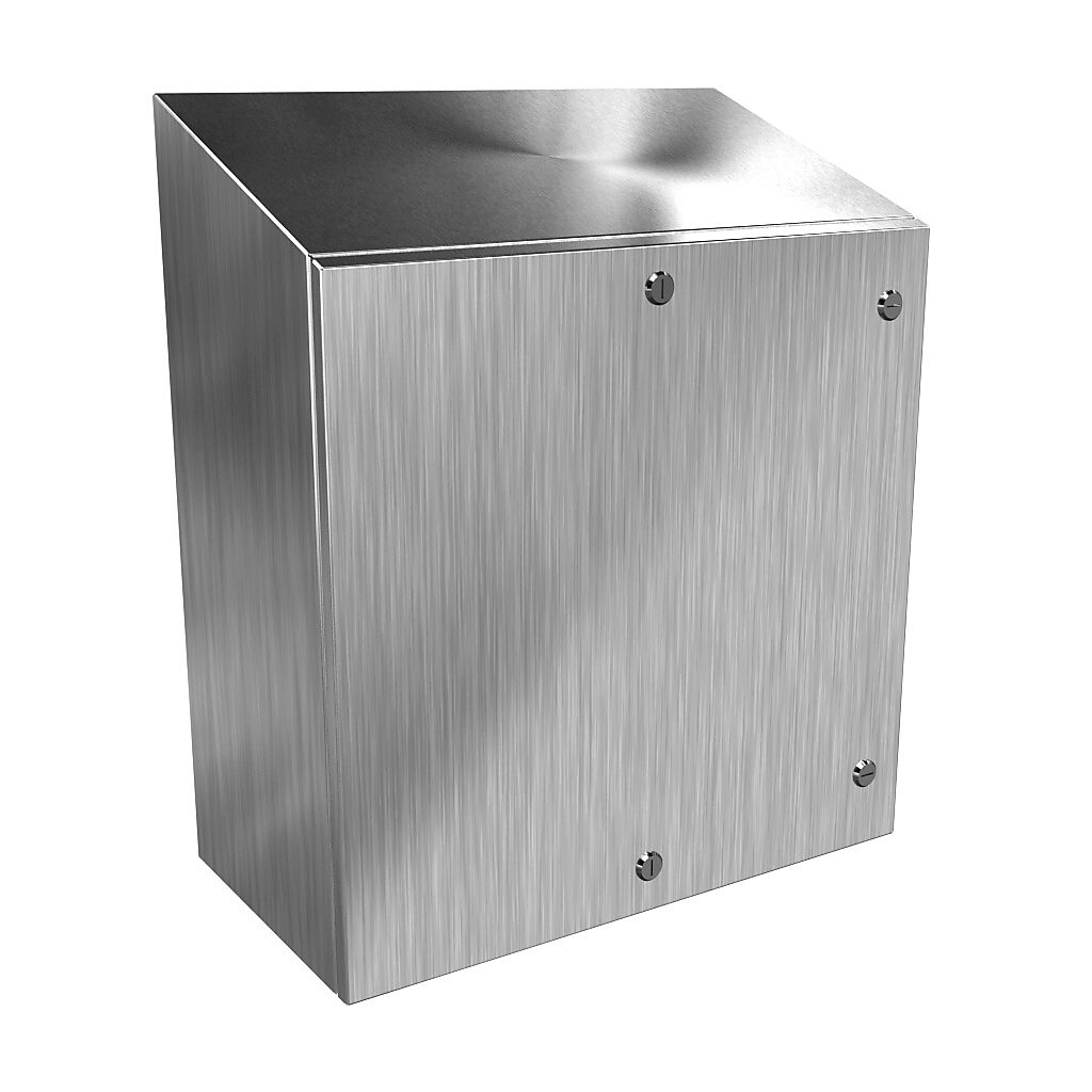 ST242412SS - Hammond Eclipse series enclosure, slope top, NEMA 3R/4/4X/12/13, 24 x 24 x 12in (HxWxD), wall mount, 304 stainless steel, #4 brush finish, single-door, 1/4-turn semi-flush 316 stainless steel latch.