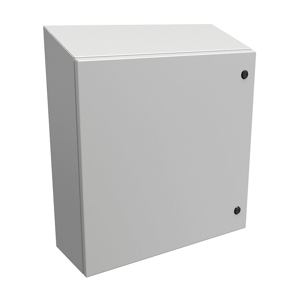 ST24248LG - Hammond Eclipse series enclosure, slope top, NEMA 3R/4/12, 24 x 24 x 8in (HxWxD), wall mount, carbon steel, RAL 7035 light gray, powder coat finish, single-door, 1/4-turn semi-flush latch.