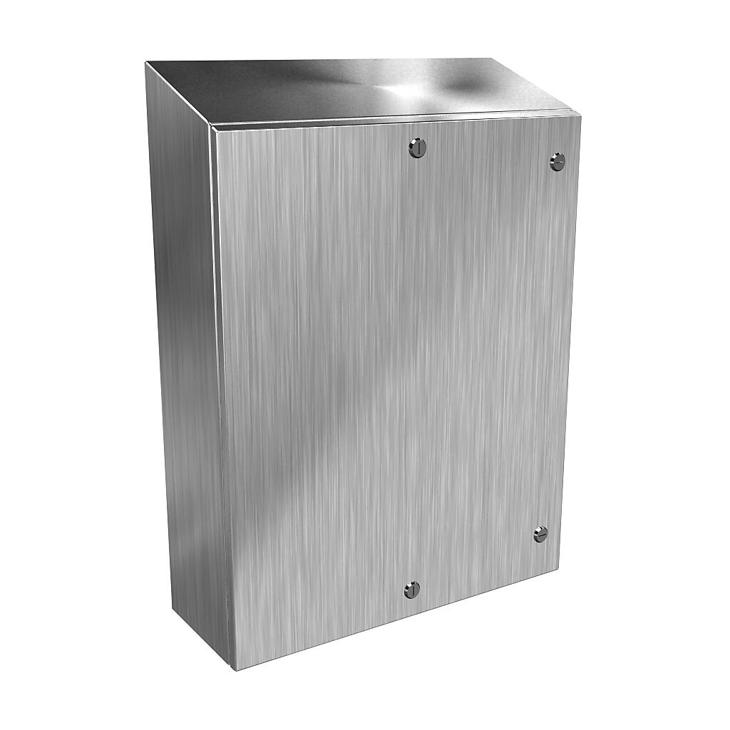 ST302408SS - Hammond Eclipse series enclosure, slope top, NEMA 3R/4/4X/12/13, 30 x 24 x 8in (HxWxD), wall mount, 304 stainless steel, #4 brush finish, single-door, 1/4-turn semi-flush 316 stainless steel latch.
