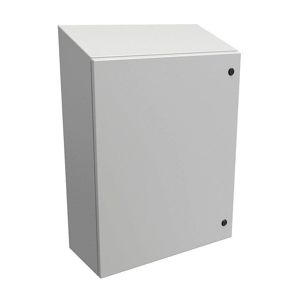 ST302410LG - Hammond Eclipse series enclosure, slope top, NEMA 3R/4/12, 30 x 24 x 10in (HxWxD), wall mount, carbon steel, RAL 7035 light gray, powder coat finish, single-door, 1/4-turn semi-flush latch.