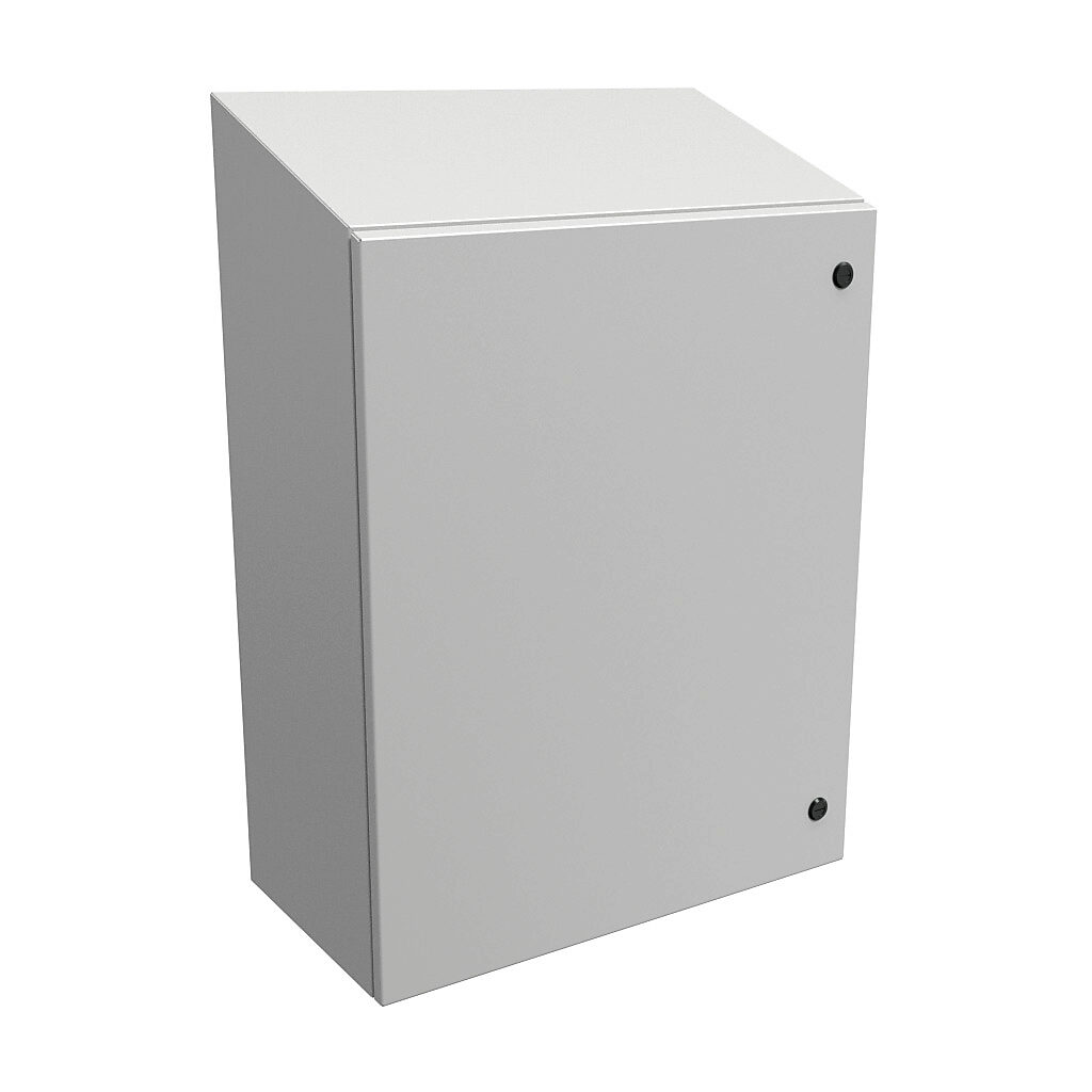 ST302412LG - Hammond Eclipse series enclosure, slope top, NEMA 3R/4/12, 30 x 24 x 12in (HxWxD), wall mount, carbon steel, RAL 7035 light gray, powder coat finish, single-door, 1/4-turn semi-flush latch.