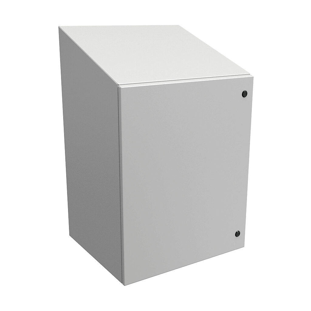 ST302420LG - Hammond Eclipse series enclosure, slope top, NEMA 3R/4/12, 30 x 24 x 20in (HxWxD), wall mount, carbon steel, RAL 7035 light gray, powder coat finish, single-door, 1/4-turn semi-flush latch.