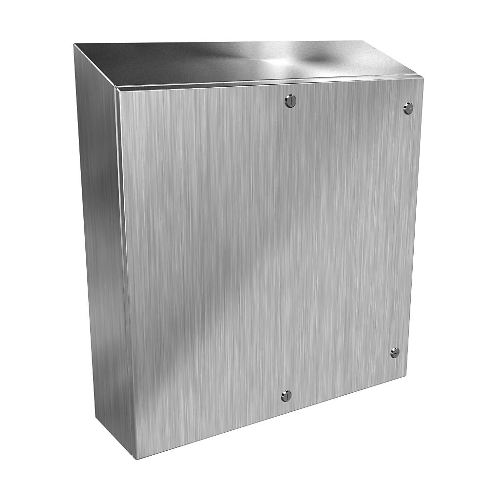 ST303008SS - Hammond Eclipse series enclosure, slope top, NEMA 3R/4/4X/12/13, 30 x 30 x 8in (HxWxD), wall mount, 304 stainless steel, #4 brush finish, single-door, 1/4-turn semi-flush 316 stainless steel latch.