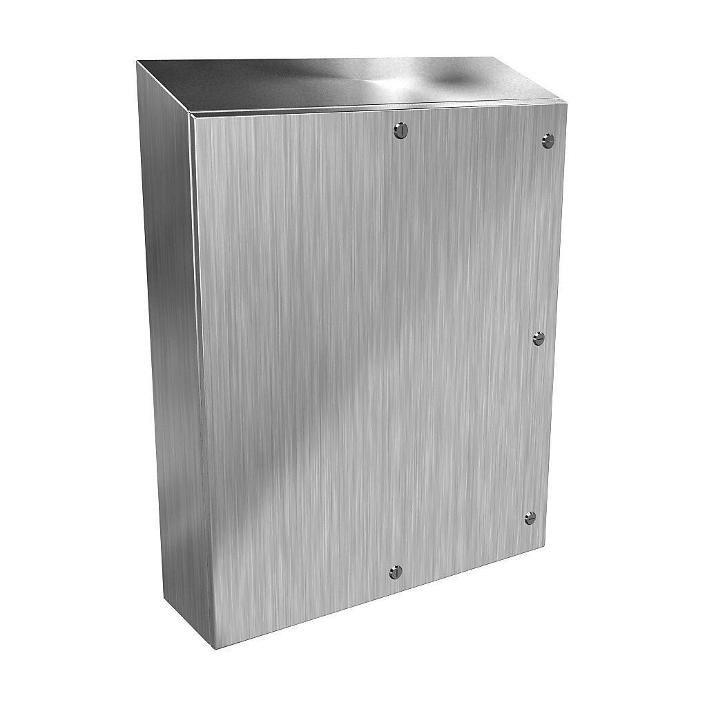 ST363008SS - Hammond Eclipse series enclosure, slope top, NEMA 3R/4/4X/12/13, 36 x 30 x 8in (HxWxD), wall mount, 304 stainless steel, #4 brush finish, single-door, 1/4-turn semi-flush 316 stainless steel latch.