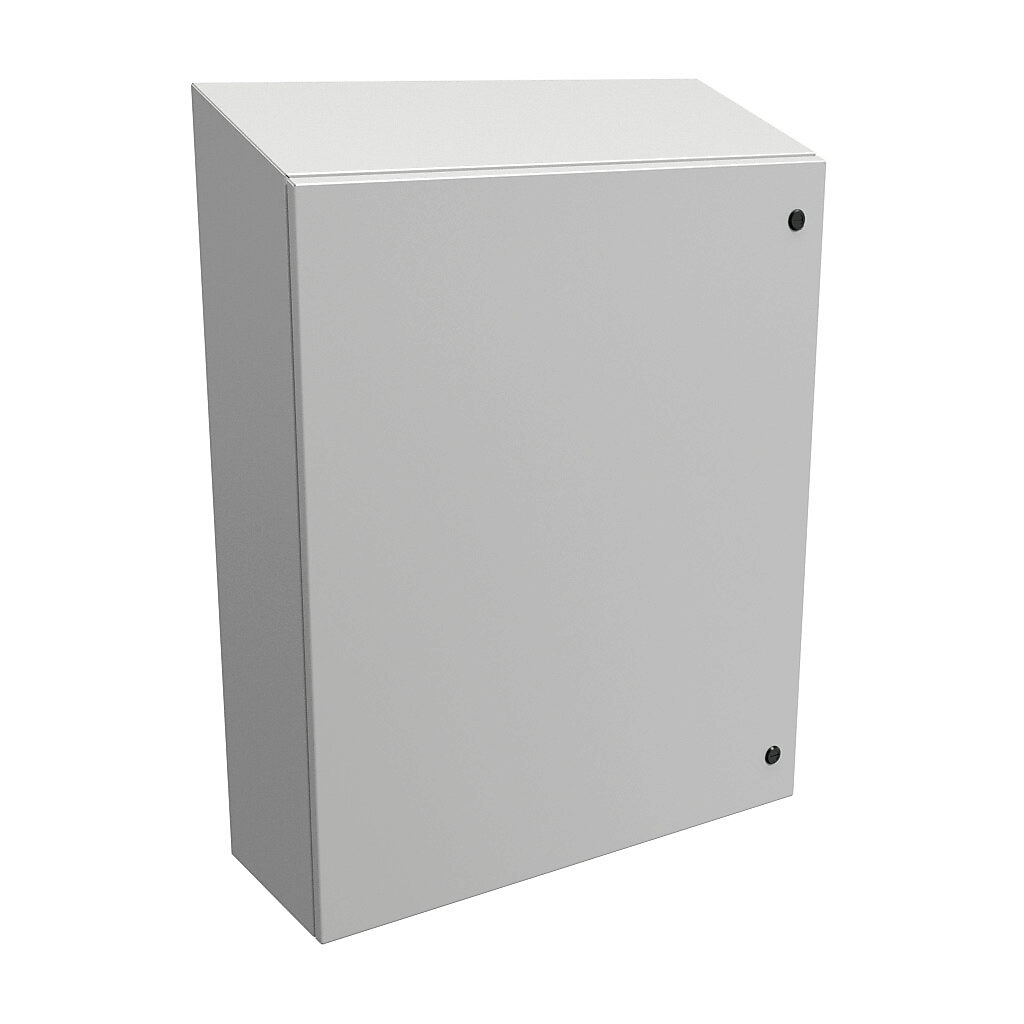 ST363010LG - Hammond Eclipse series enclosure, slope top, NEMA 3R/4/12, 36 x 30 x 10in (HxWxD), wall mount, carbon steel, RAL 7035 light gray, powder coat finish, single-door, 1/4-turn semi-flush latch.