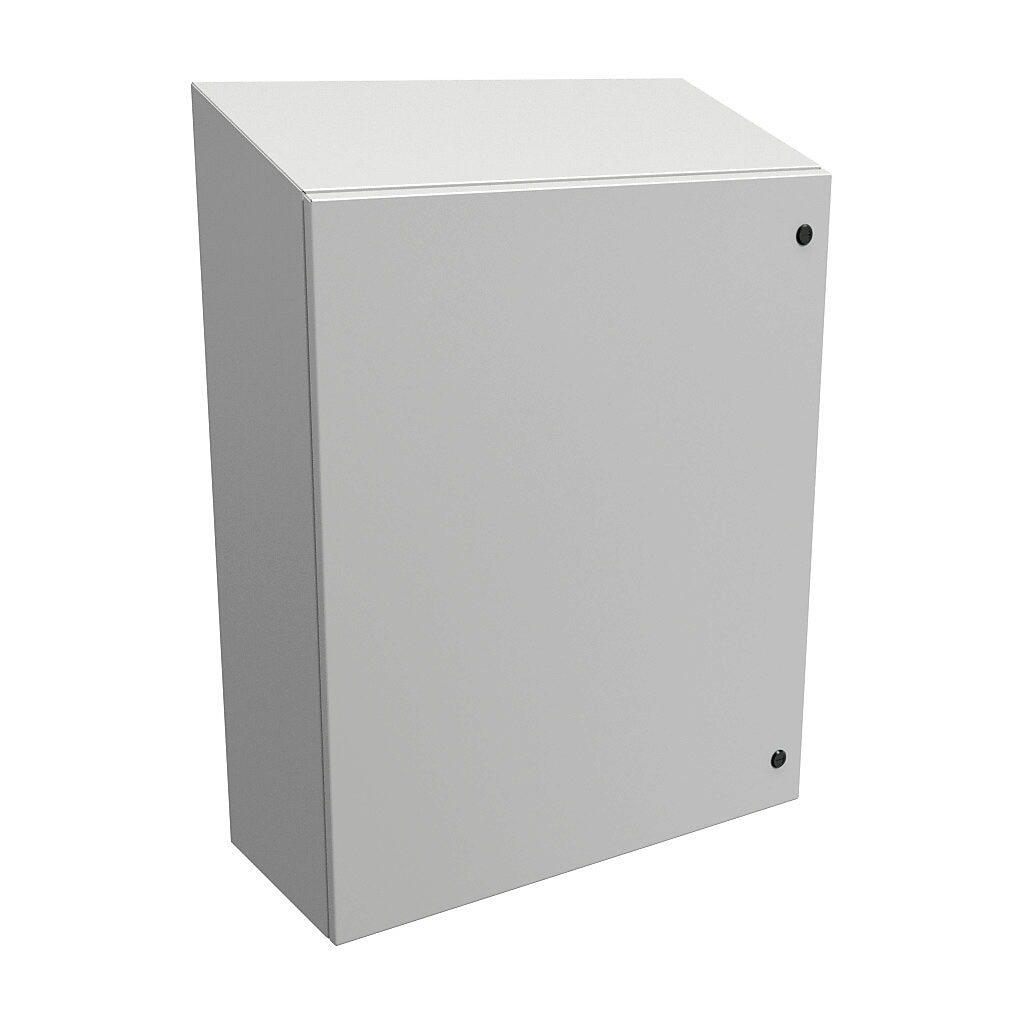 ST363012LG - Hammond Eclipse series enclosure, slope top, NEMA 3R/4/12, 36 x 30 x 12in (HxWxD), wall mount, carbon steel, RAL 7035 light gray, powder coat finish, single-door, 1/4-turn semi-flush latch.
