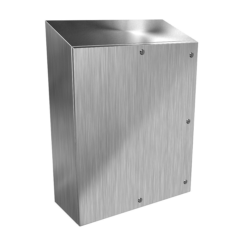 ST363012SS - Hammond Eclipse series enclosure, slope top, NEMA 3R/4/4X/12/13, 36 x 30 x 12in (HxWxD), wall mount, 304 stainless steel, #4 brush finish, single-door, 1/4-turn semi-flush 316 stainless steel latch.