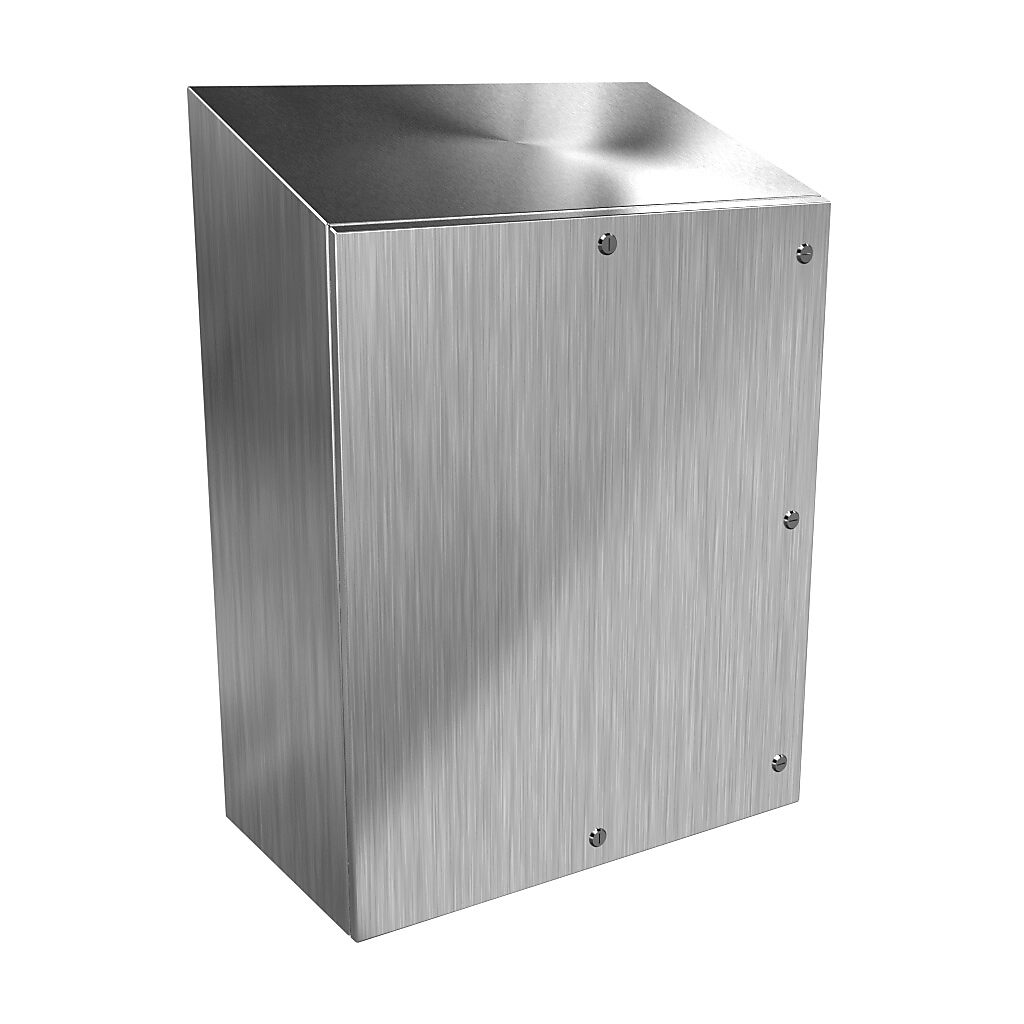 ST363016SS - Hammond Eclipse series enclosure, slope top, NEMA 3R/4/4X/12/13, 36 x 30 x 16in (HxWxD), wall mount, 304 stainless steel, #4 brush finish, single-door, 1/4-turn semi-flush 316 stainless steel latch.