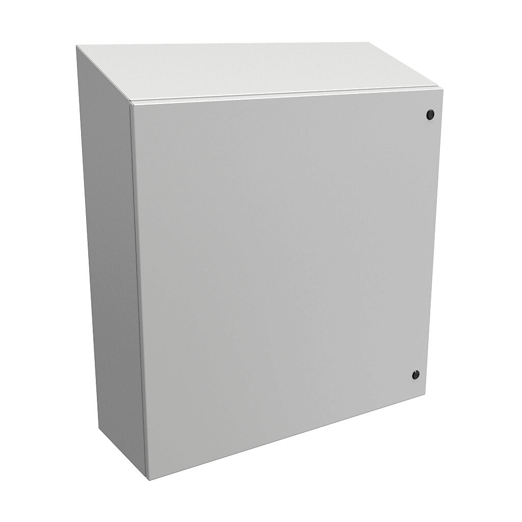 ST363612LG - Hammond Eclipse series enclosure, slope top, NEMA 3R/4/12, 36 x 36 x 12in (HxWxD), wall mount, carbon steel, RAL 7035 light gray, powder coat finish, single-door, 1/4-turn semi-flush latch.