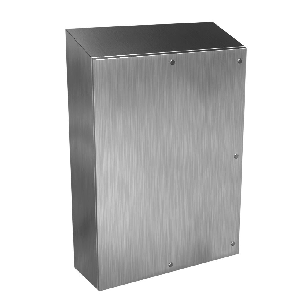 ST483612SS - Hammond Eclipse series enclosure, slope top, NEMA 3R/4/4X/12/13, 48 x 36 x 12in (HxWxD), wall mount, 304 stainless steel, #4 brush finish, single-door, 1/4-turn semi-flush stainless steel.