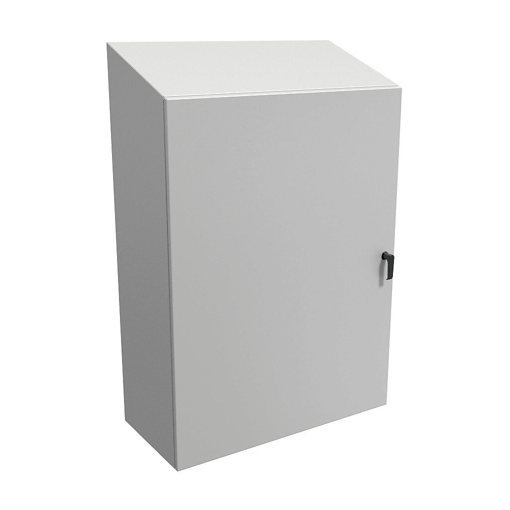 ST483616LG - Hammond Eclipse series enclosure, slope top, NEMA 3R/4/12, 48 x 36 x 16in (HxWxD), wall mount, carbon steel, RAL 7035 light gray, powder coat finish, single-door, 3-point keylocking handle.