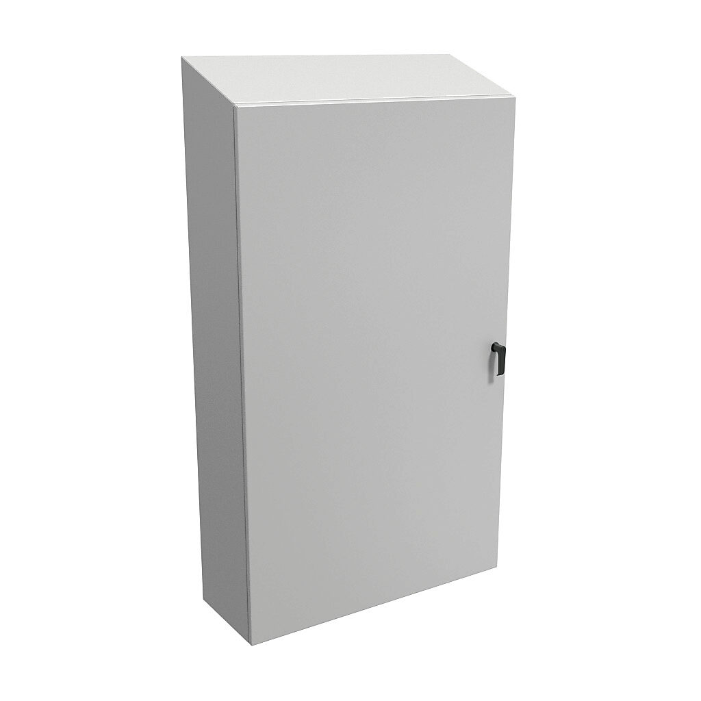 ST603612LG - Hammond Eclipse series enclosure, slope top, NEMA 3R/4/12, 60 x 36 x 12in (HxWxD), wall mount, carbon steel, RAL 7035 light gray, powder coat finish, single-door, 3-point keylocking handle.