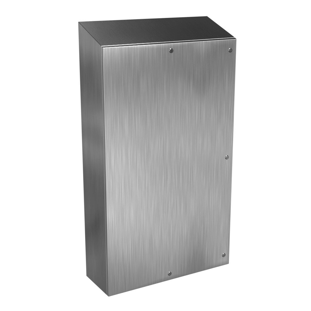 ST603612SS - Hammond Eclipse series enclosure, slope top, NEMA 3R/4/4X/12/13, 60 x 36 x 12in (HxWxD), wall mount, 304 stainless steel, #4 brush finish, single-door, 1/4-turn semi-flush stainless steel.