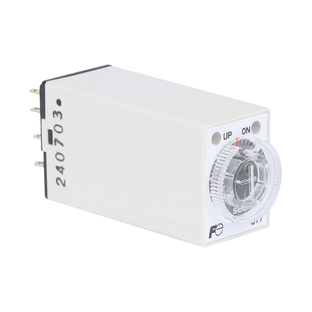 ST7P-2DE3T-ADC - Fuji Electric on-delay relay timer, 2 to 30 seconds selectable timing range, 24 VDC operating voltage, 3A contact rating, (1) DPDT timed relay output(s), socket mount, 8-pin. Requires Fuji Electric TP88X2 timer socket.