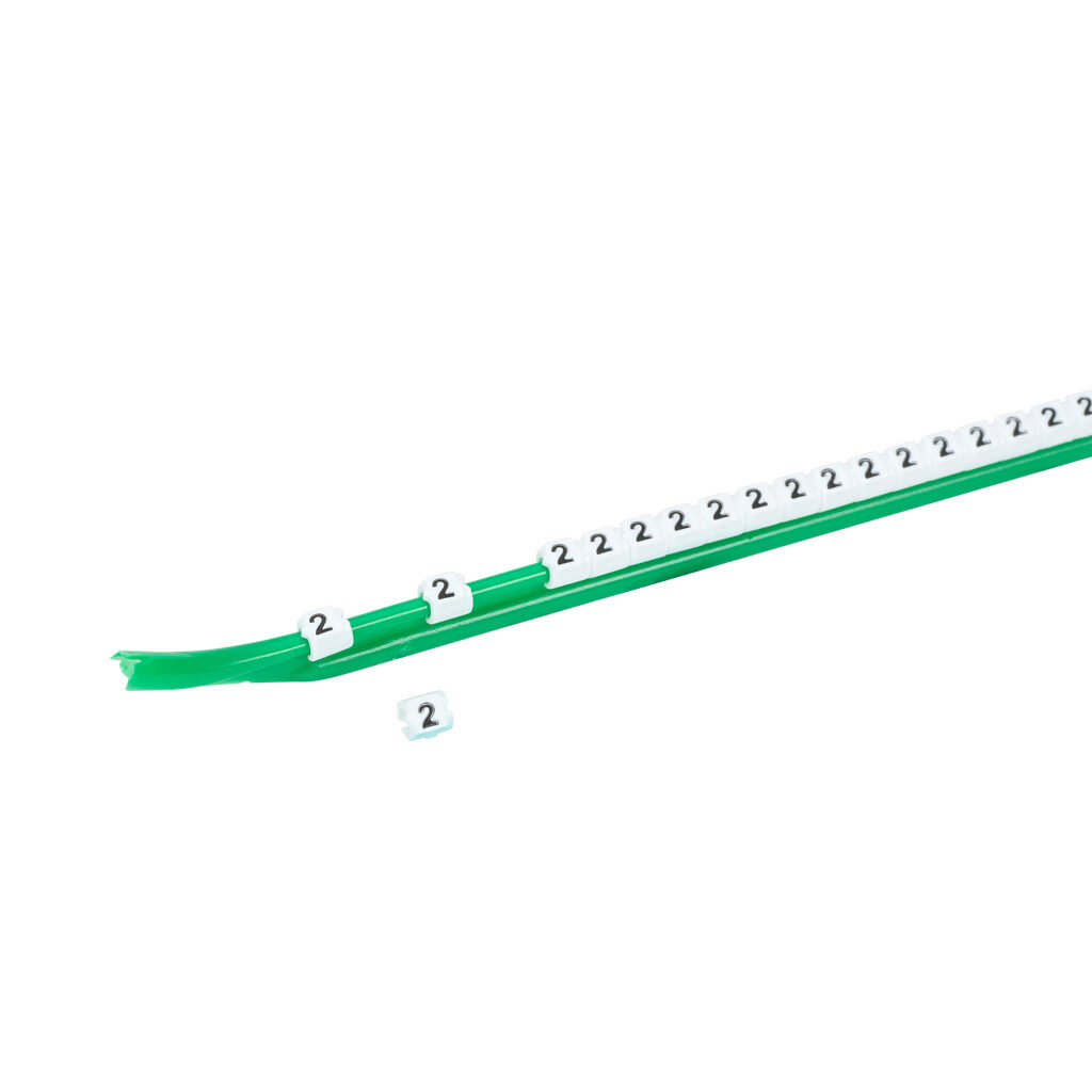 STD03-300-2-WH-AD - TE Connectivity snap-on wire marker, single number (2), black on white, accepts wire size 1.9-2.6mm (0.07-0.10in). For use with most 22-20 AWG MTW and 18-16 AWG TFFN wire. Package of 300.