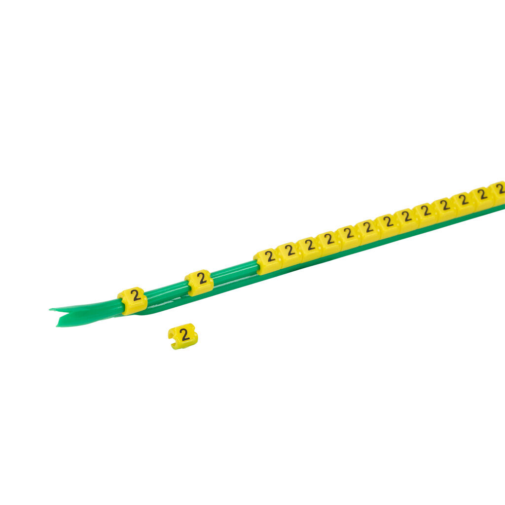 STD03-300-2-YL-AD - TE Connectivity snap-on wire marker, single number (2), black on yellow, accepts wire size 1.9-2.6mm (0.07-0.10in). For use with most 22-20 AWG MTW and 18-16 AWG TFFN wire. Package of 300.