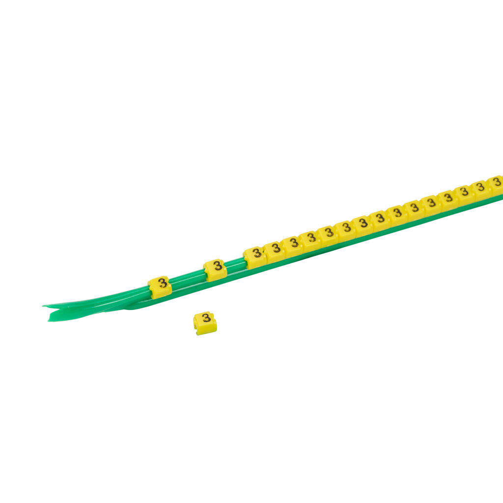 STD03-300-3-YL-AD - TE Connectivity snap-on wire marker, single number (3), black on yellow, accepts wire size 1.9-2.6mm (0.07-0.10in). For use with most 22-20 AWG MTW and 18-16 AWG TFFN wire. Package of 300.