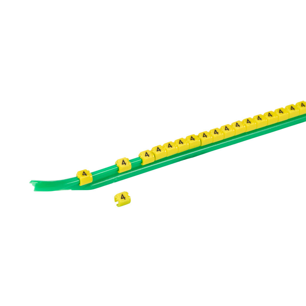 STD03-300-4-YL-AD - TE Connectivity snap-on wire marker, single number (4), black on yellow, accepts wire size 1.9-2.6mm (0.07-0.10in). For use with most 22-20 AWG MTW and 18-16 AWG TFFN wire. Package of 300.