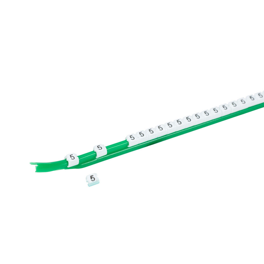 STD03-300-5-WH-AD - TE Connectivity snap-on wire marker, single number (5), black on white, accepts wire size 1.9-2.6mm (0.07-0.10in). For use with most 22-20 AWG MTW and 18-16 AWG TFFN wire. Package of 300.
