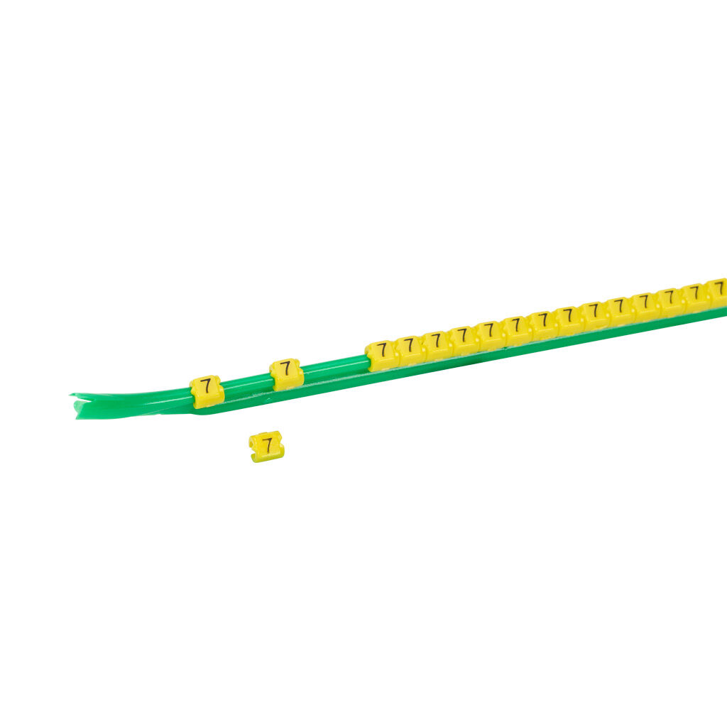 STD03-300-7-YL-AD - TE Connectivity snap-on wire marker, single number (7), black on yellow, accepts wire size 1.9-2.6mm (0.07-0.10in). For use with most 22-20 AWG MTW and 18-16 AWG TFFN wire. Package of 300.