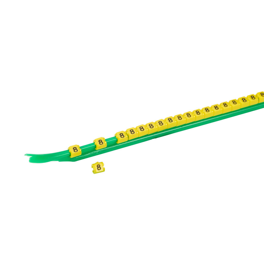 STD03-300-8-YL-AD - TE Connectivity snap-on wire marker, single number (8), black on yellow, accepts wire size 1.9-2.6mm (0.07-0.10in). For use with most 22-20 AWG MTW and 18-16 AWG TFFN wire. Package of 300.