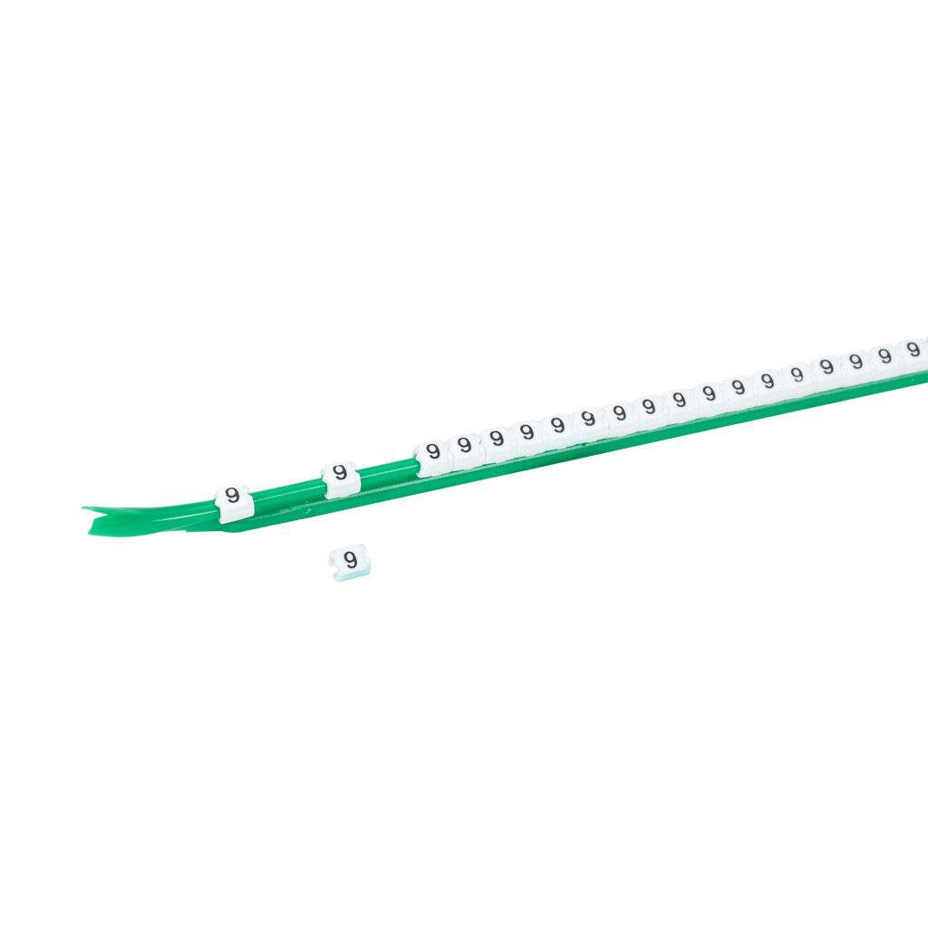 STD03-300-9-WH-AD - TE Connectivity snap-on wire marker, single number (9), black on white, accepts wire size 1.9-2.6mm (0.07-0.10in). For use with most 22-20 AWG MTW and 18-16 AWG TFFN wire. Package of 300.