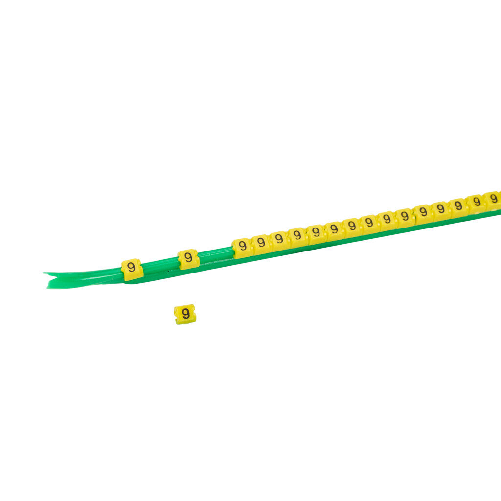 STD03-300-9-YL-AD - TE Connectivity snap-on wire marker, single number (9), black on yellow, accepts wire size 1.9-2.6mm (0.07-0.10in). For use with most 22-20 AWG MTW and 18-16 AWG TFFN wire. Package of 300.