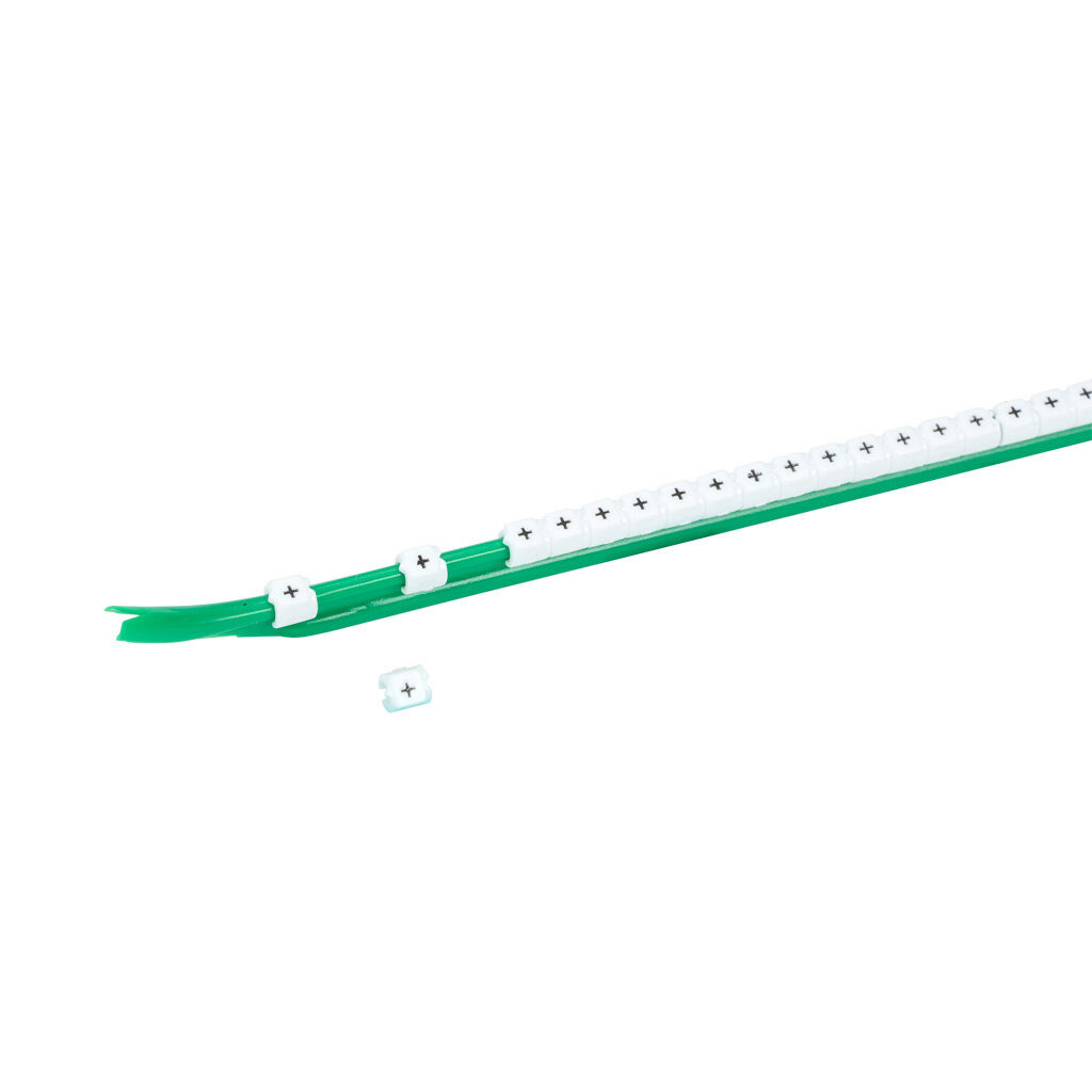 STD03-300-PLS-WH-AD - TE Connectivity snap-on wire marker, single character (+), black on white, accepts wire size 1.9-2.6mm (0.07-0.10in). For use with most 22-20 AWG MTW and 18-16 AWG TFFN wire. Package of 300.