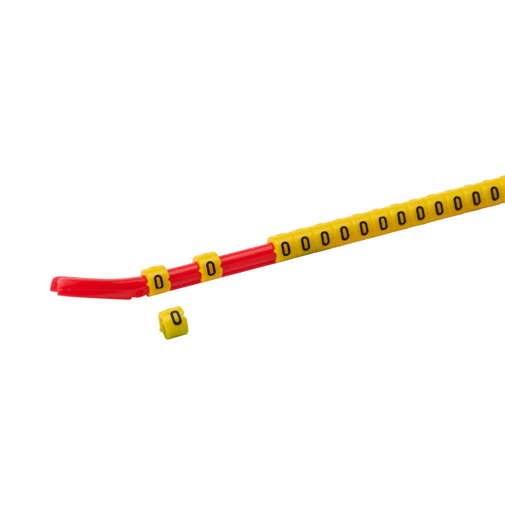 STD06-300-0-YL-AD - TE Connectivity snap-on wire marker, single number (0), black on yellow, accepts wire size 2.6-3.5mm (0.10-0.13in). For use with most 18-14 AWG MTW and 14-12 AWG THHN wire. Package of 300.