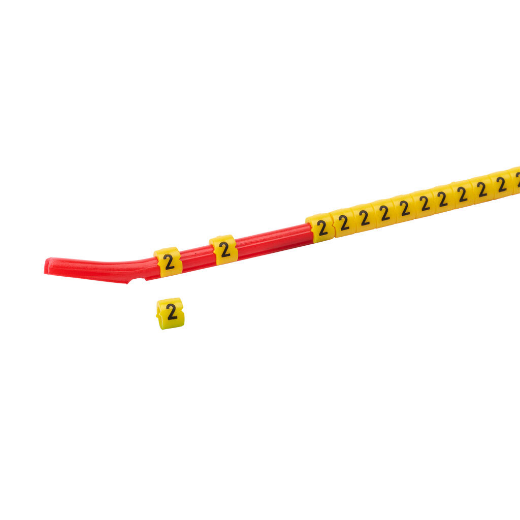 STD06-300-2-YL-AD - TE Connectivity snap-on wire marker, single number (2), black on yellow, accepts wire size 2.6-3.5mm (0.10-0.13in). For use with most 18-14 AWG MTW and 14-12 AWG THHN wire. Package of 300.