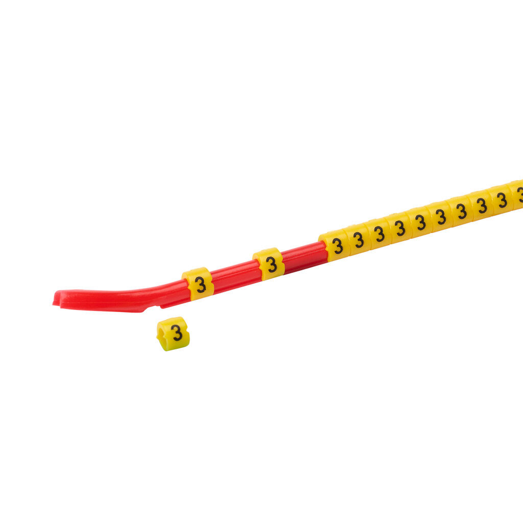 STD06-300-3-YL-AD - TE Connectivity snap-on wire marker, single number (3), black on yellow, accepts wire size 2.6-3.5mm (0.10-0.13in). For use with most 18-14 AWG MTW and 14-12 AWG THHN wire. Package of 300.
