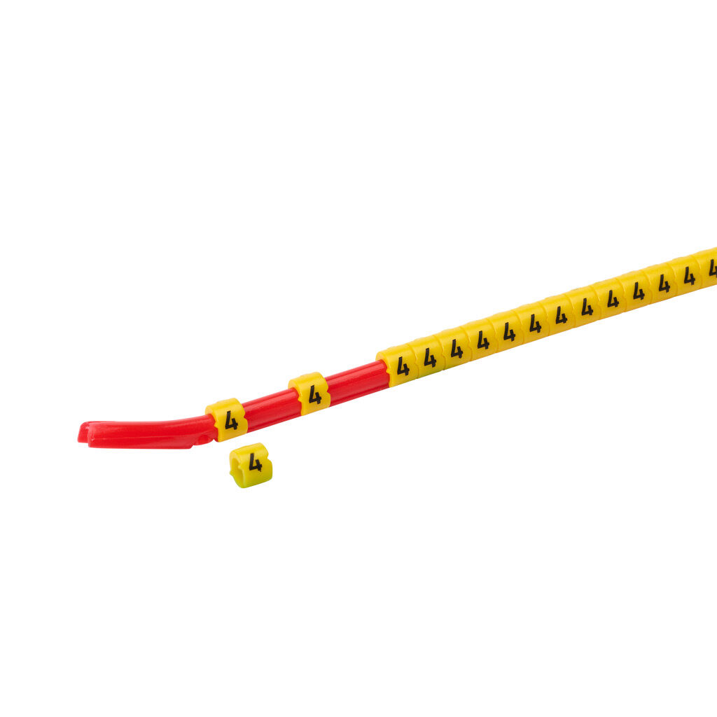 STD06-300-4-YL-AD - TE Connectivity snap-on wire marker, single number (4), black on yellow, accepts wire size 2.6-3.5mm (0.10-0.13in). For use with most 18-14 AWG MTW and 14-12 AWG THHN wire. Package of 300.
