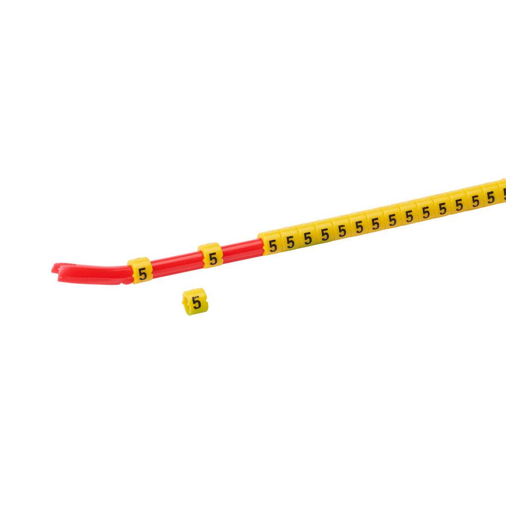 STD06-300-5-YL-AD - TE Connectivity snap-on wire marker, single number (5), black on yellow, accepts wire size 2.6-3.5mm (0.10-0.13in). For use with most 18-14 AWG MTW and 14-12 AWG THHN wire. Package of 300.