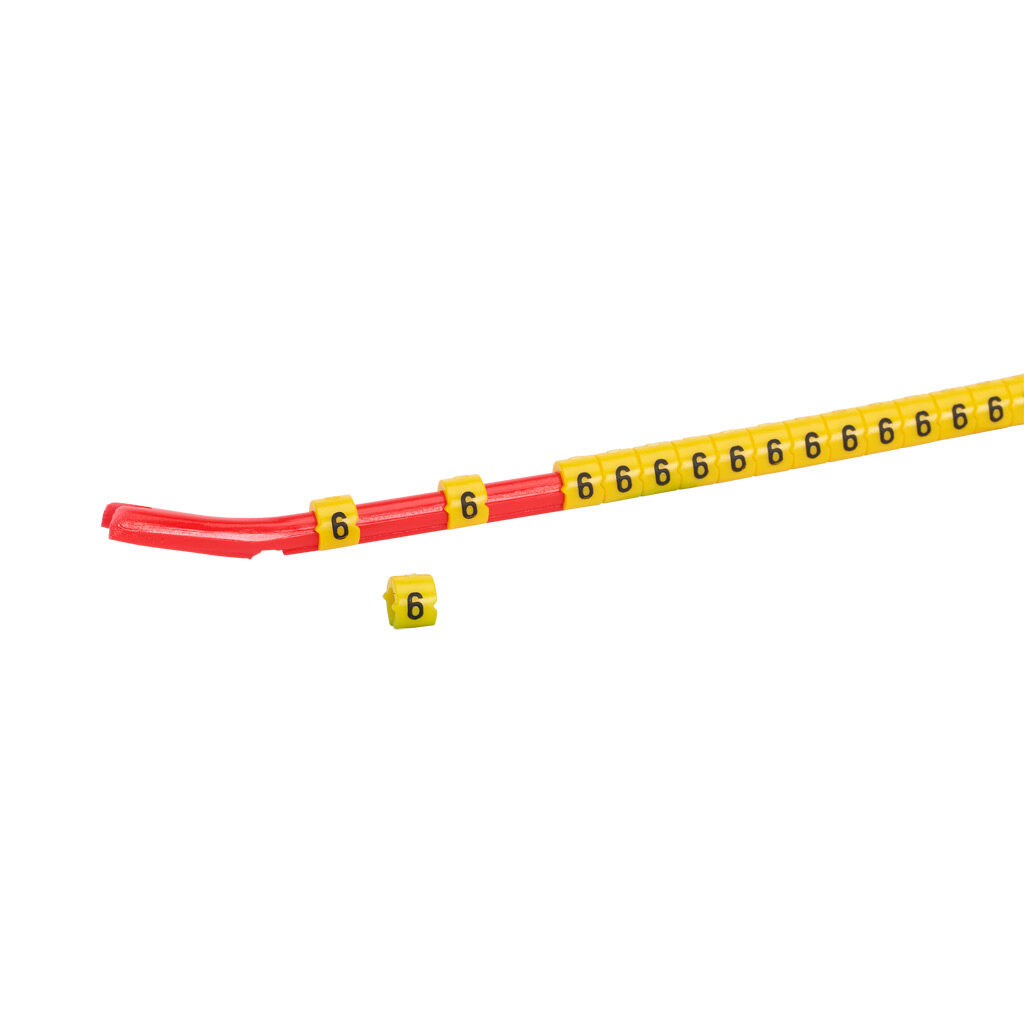 STD06-300-6-YL-AD - TE Connectivity snap-on wire marker, single number (6), black on yellow, accepts wire size 2.6-3.5mm (0.10-0.13in). For use with most 18-14 AWG MTW and 14-12 AWG THHN wire. Package of 300.