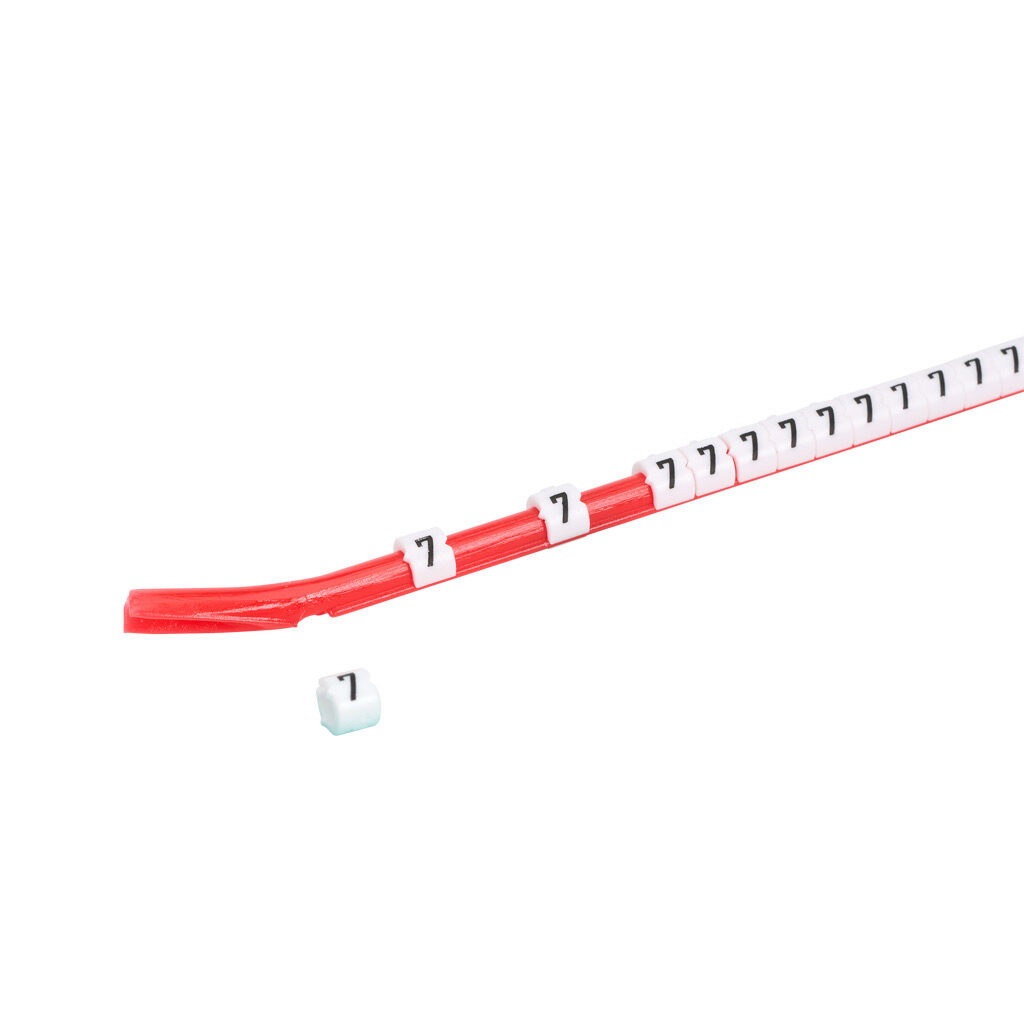 STD06-300-7-WH-AD - TE Connectivity snap-on wire marker, single number (7), black on white, accepts wire size 2.6-3.5mm (0.10-0.13in). For use with most 18-14 AWG MTW and 14-12 AWG THHN wire. Package of 300.