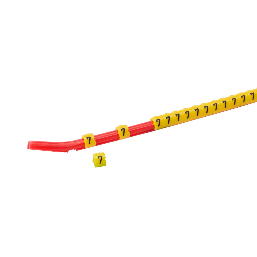 STD06-300-7-YL-AD - TE Connectivity snap-on wire marker, single number (7), black on yellow, accepts wire size 2.6-3.5mm (0.10-0.13in). For use with most 18-14 AWG MTW and 14-12 AWG THHN wire. Package of 300.