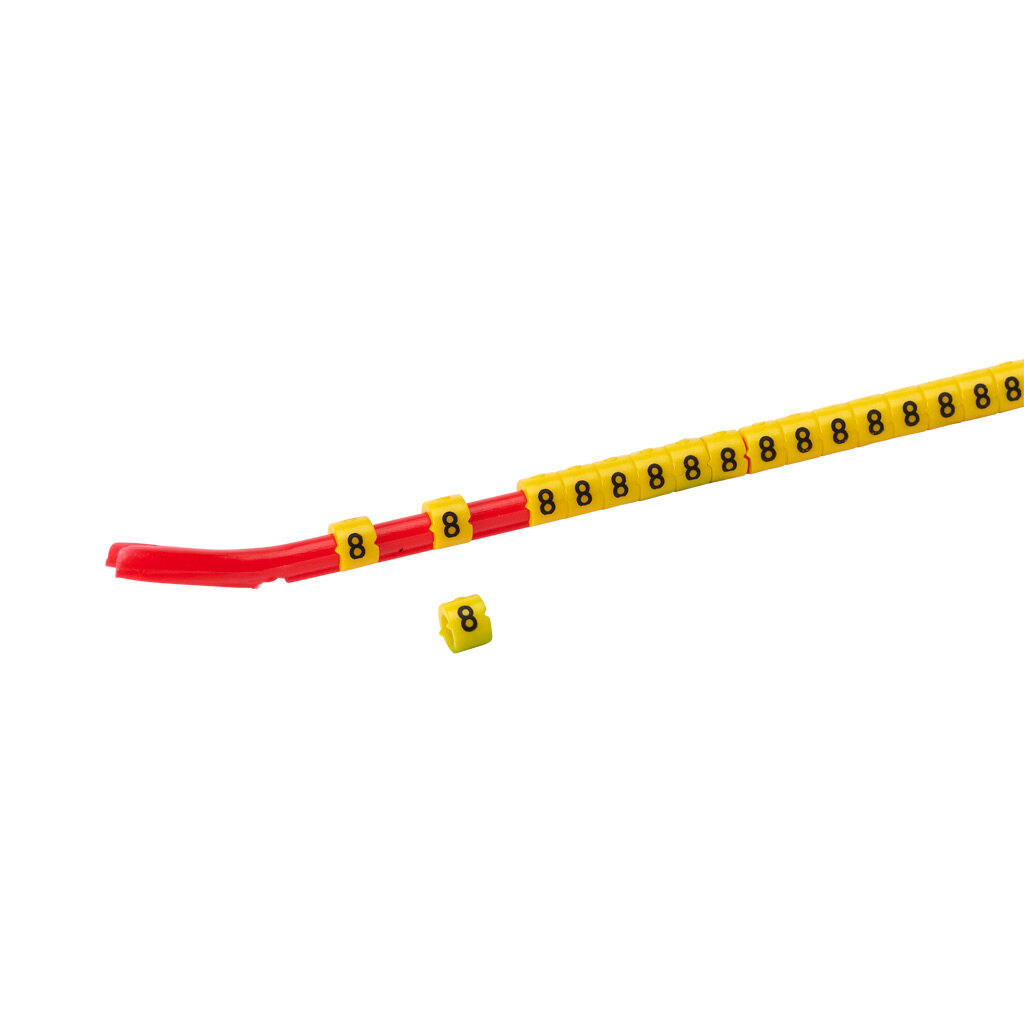 STD06-300-8-YL-AD - TE Connectivity snap-on wire marker, single number (8), black on yellow, accepts wire size 2.6-3.5mm (0.10-0.13in). For use with most 18-14 AWG MTW and 14-12 AWG THHN wire. Package of 300.