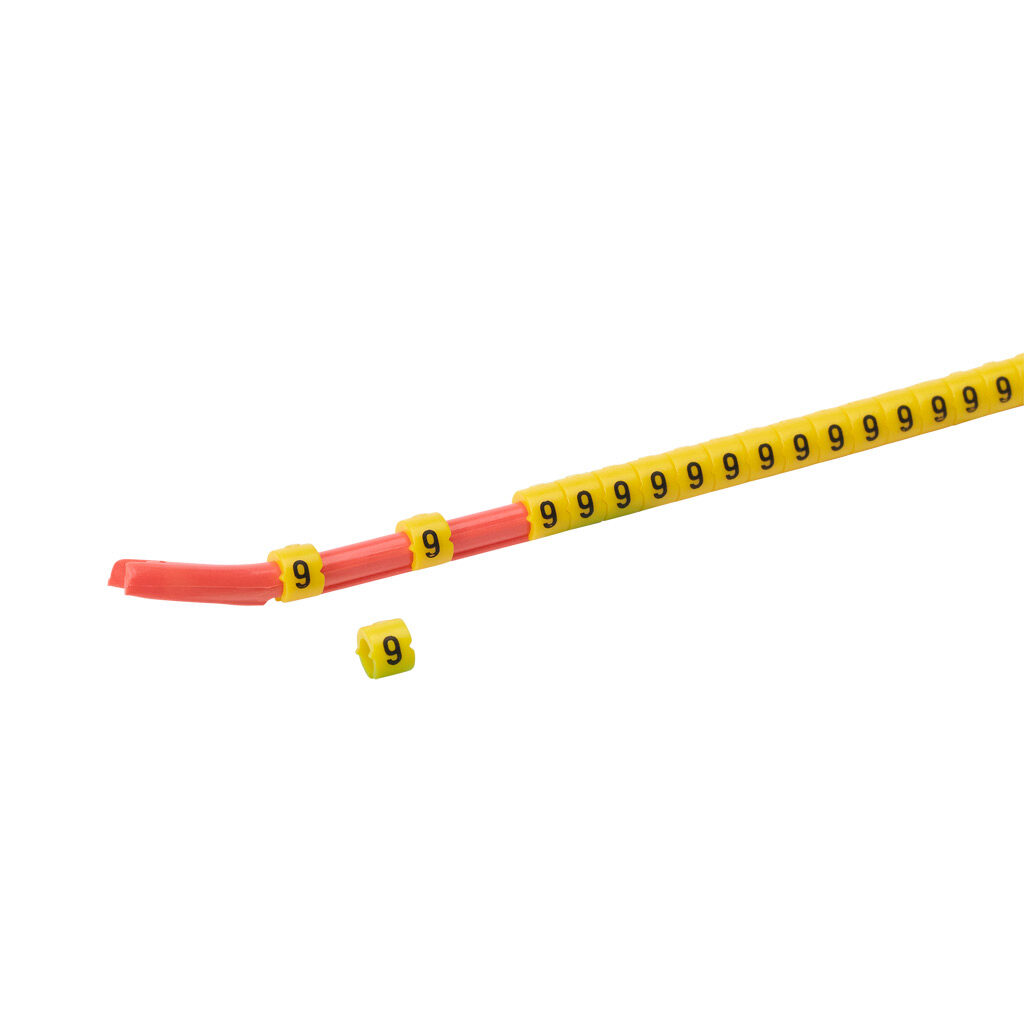 STD06-300-9-YL-AD - TE Connectivity snap-on wire marker, single number (9), black on yellow, accepts wire size 2.6-3.5mm (0.10-0.13in). For use with most 18-14 AWG MTW and 14-12 AWG THHN wire. Package of 300.