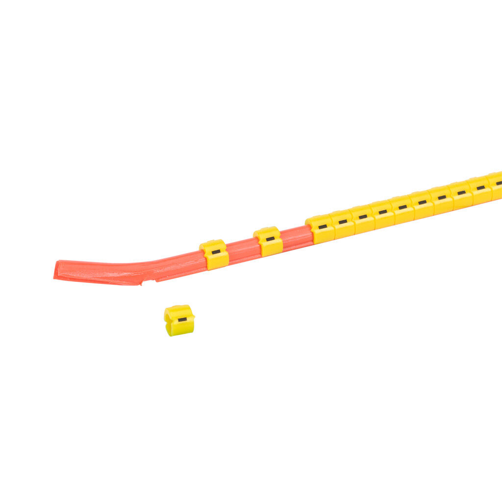 STD06-300-MIN-YL-AD - TE Connectivity snap-on wire marker, single character (-), black on yellow, accepts wire size 2.6-3.5mm (0.10-0.13in). For use with most 18-14 AWG MTW and 14-12 AWG THHN wire. Package of 300.