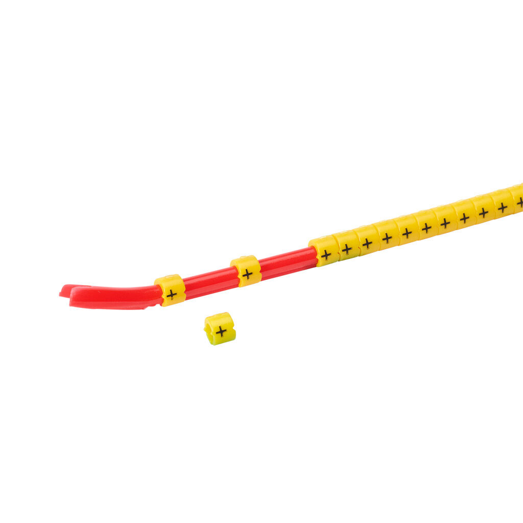 STD06-300-PLS-YL-AD - TE Connectivity snap-on wire marker, single character (+), black on yellow, accepts wire size 2.6-3.5mm (0.10-0.13in). For use with most 18-14 AWG MTW and 14-12 AWG THHN wire. Package of 300.
