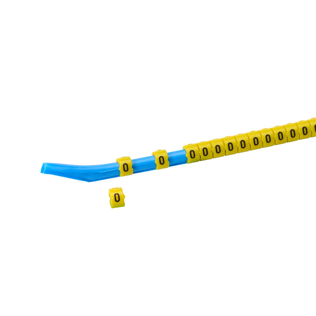 STD09-300-0-YL-AD - TE Connectivity snap-on wire marker, single number (0), black on yellow, accepts wire size 3.2-4.5mm (0.12in-0.17in). For use with most 14-12 AWG MTW and 12-10 AWG THHN wire. Package of 300.