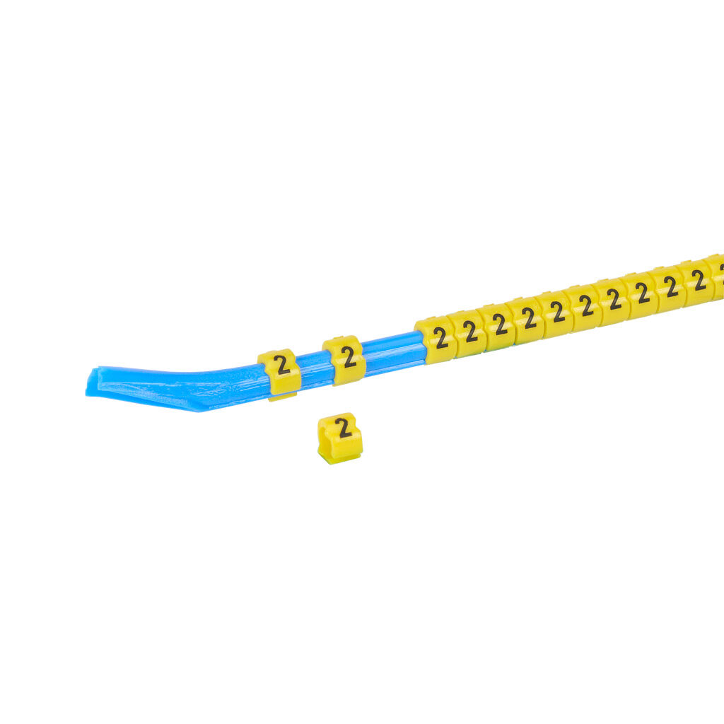 STD09-300-2-YL-AD - TE Connectivity snap-on wire marker, single number (2), black on yellow, accepts wire size 3.2-4.5mm (0.12in-0.17in). For use with most 14-12 AWG MTW and 12-10 AWG THHN wire. Package of 300.
