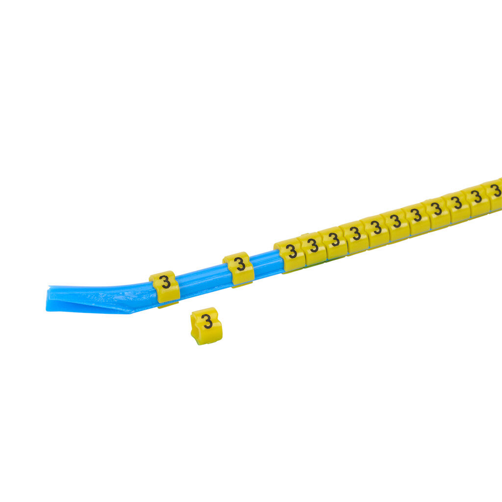 STD09-300-3-YL-AD - TE Connectivity snap-on wire marker, single number (3), black on yellow, accepts wire size 3.2-4.5mm (0.12in-0.17in). For use with most 14-12 AWG MTW and 12-10 AWG THHN wire. Package of 300.