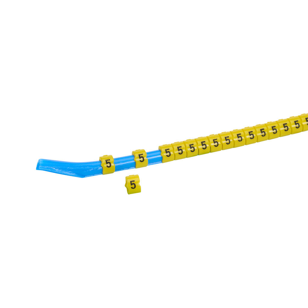 STD09-300-5-YL-AD - TE Connectivity snap-on wire marker, single number (5), black on yellow, accepts wire size 3.2-4.5mm (0.12in-0.17in). For use with most 14-12 AWG MTW and 12-10 AWG THHN wire. Package of 300.