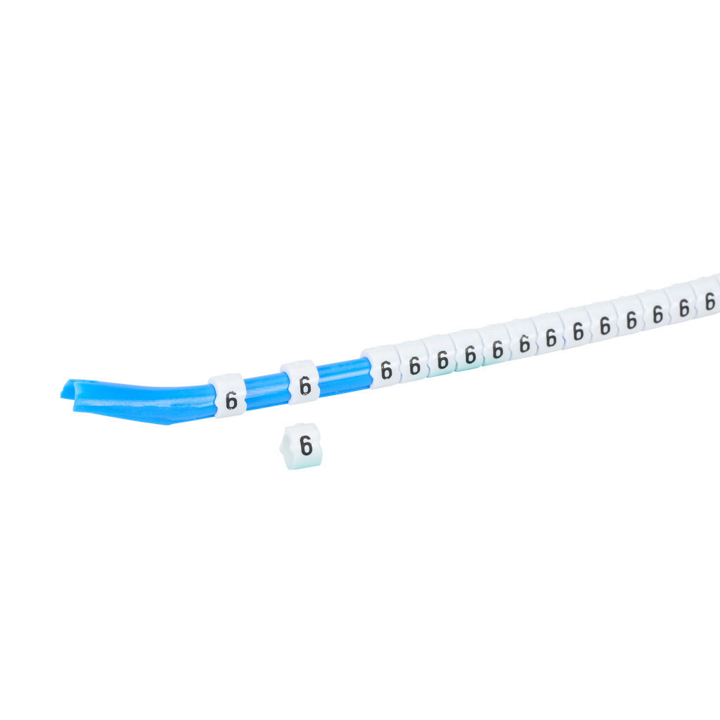 STD09-300-6-WH-AD - TE Connectivity snap-on wire marker, single number (6), black on white, accepts wire size 3.2-4.5mm (0.12in-0.17in). For use with most 14-12 AWG MTW and 12-10 AWG THHN wire. Package of 300.