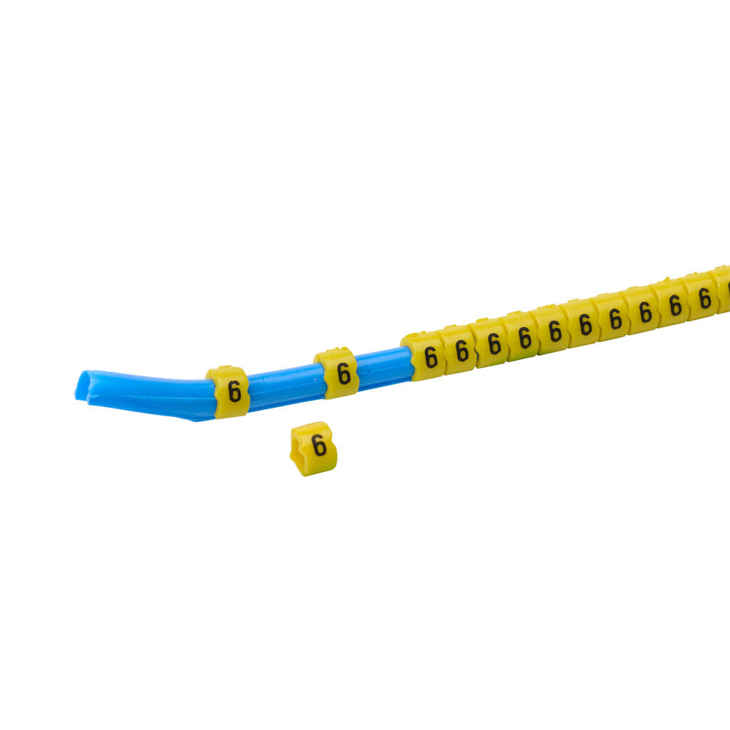 STD09-300-6-YL-AD - TE Connectivity snap-on wire marker, single number (6), black on yellow, accepts wire size 3.2-4.5mm (0.12in-0.17in). For use with most 14-12 AWG MTW and 12-10 AWG THHN wire. Package of 300.